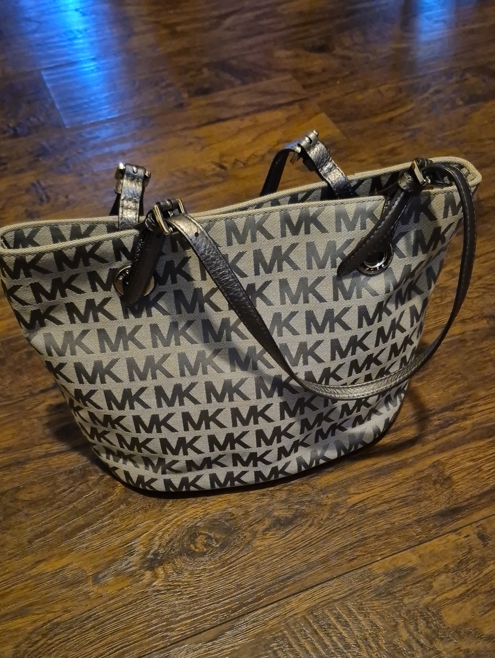 Michael Kors Beige MK Logo Tote Bag with Brown Trim